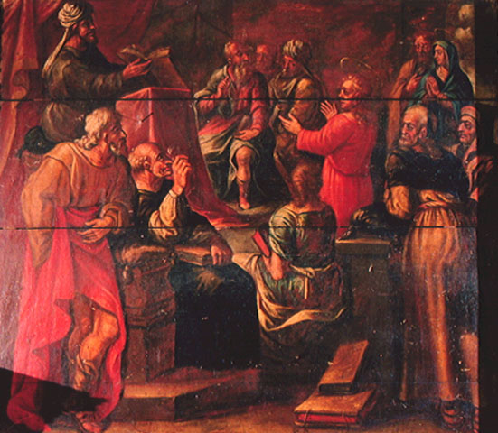 Jesus discutindo no templo com os doutores da lei (painel lateral da capela-mor)