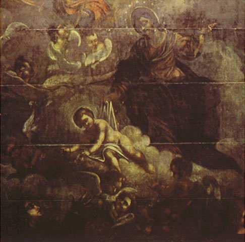 Nossa Senhora entregando o Menino Jesus a Santo Antônio (painel central do forro da sacristia)