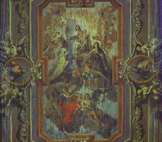 Nossa Senhora do Carmo entregando o escapulário a Santa Teresa D`Ávila e a São João da Cruz (detalhe - forro da nave)